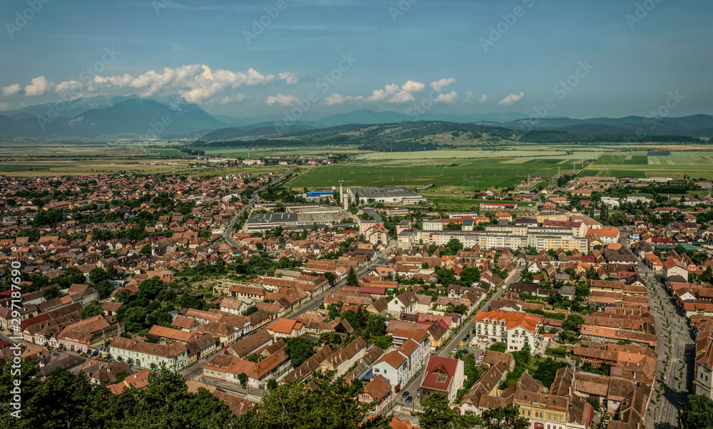 Ancient city of Rasnov in Romania. Panorama of the city from the air