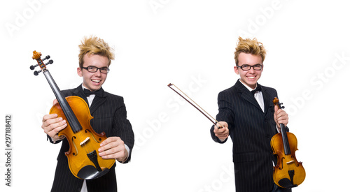 Young musician with violin isolated on white