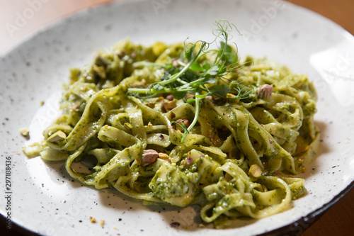 Tagliatelle pasta with pistachio and sauce pesto