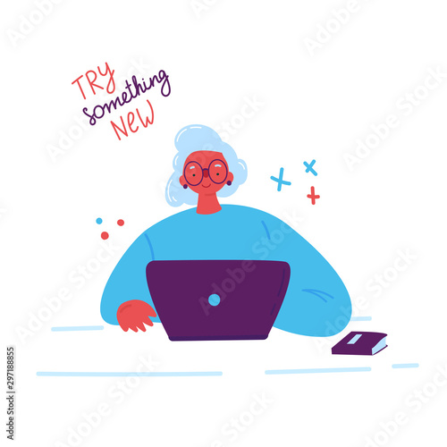 Lifelong learning, senior education.Older woman studying with a laptop.Ability to learn in each human age.Senior woman attending courses.Female student at the table.Vector illustration