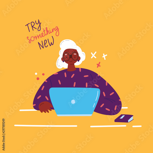Lifelong learning,senior education.Older woman studying with a laptop.Ability to learn in each human age.Senior woman attending courses.Female African American student at the table.Vector illustration