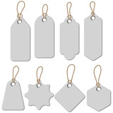 Mocapas of realistic paper price tags, tags. Blank label template with ropes. Vector graphics.