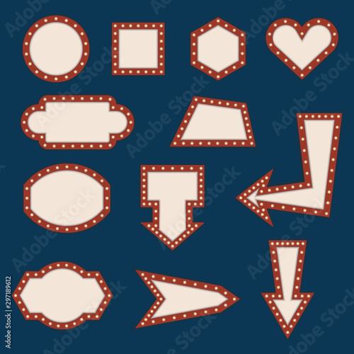 Template of empty signage with vintage lights. Frames with space for text. Marquee lamps around frames of various geometric shapes. Square, round, pentagonal, arrows and more. Set of vector images.