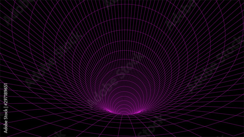 Wireframe abstract tunnel. 3D vector wormhole with a mesh structure.