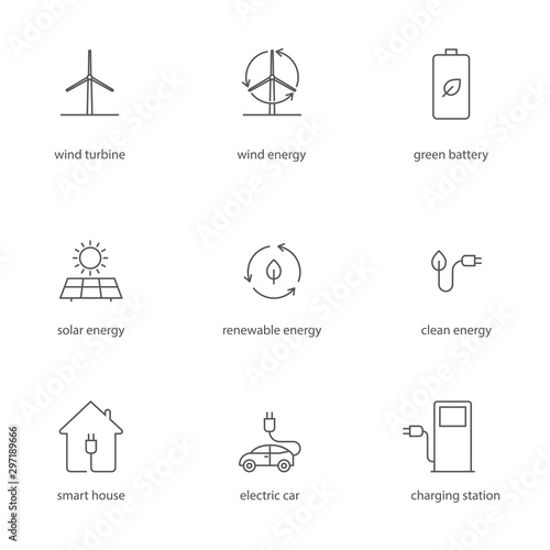 Environmental and Eco-friendly Vector Icon set. Concept of wind, solar, renewable, green energy, carbon-dioxide free environment and electric car production.