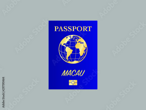International Passport with biometric digital chip, realistic blue cover, vector illustration for icon, logo, ads with earth world globe silhouette with lettering Asian Macau © Oleksandr