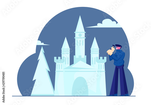 Young Man Artist Making Beautiful Ice Sculptures Castle and Fir Tree for Exhibition or Festive Decoration for Winter Holidays Park. Worker Hitting Ice with Hammer. Cartoon Flat Vector Illustration