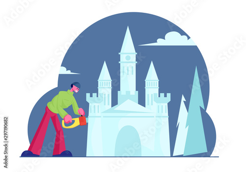 Creative Occupation and Working Process of Man with Chainsaw Creating Wonderful Ice Medieval Castle for Amusement Park or Snow Sculptures Exhibition, Winter Time Art. Cartoon Flat Vector Illustration