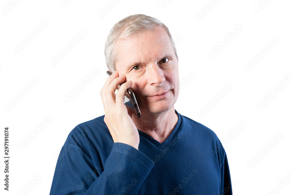 An elderly man talking on a smartphone. Isolated on a white background. An elderly man talking on a smartphone. Isolated on a white background.