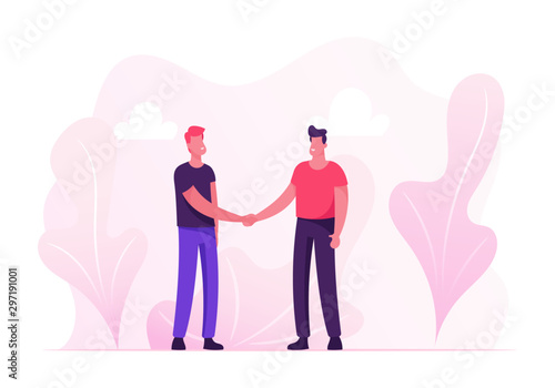 Business Meeting. Young People Stand Face to Face Shaking Hands. Agreement Communicating. Businessmen Leaders Meet for Successful Deal or Contract Signing in Office. Cartoon Flat Vector Illustration.