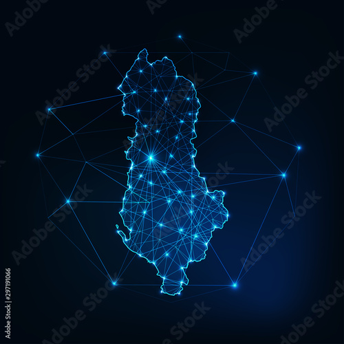 Albania map glowing silhouette outline made of stars lines dots triangles, low polygonal shapes.