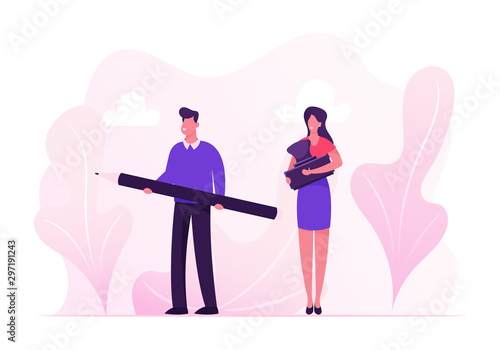 Contract Signing Concept. Business People Man and Woman Holding Pen and Seal Stamp for Finance or Law Document Approval. Bureaucratic Officials with Working Attributes Cartoon Flat Vector Illustration