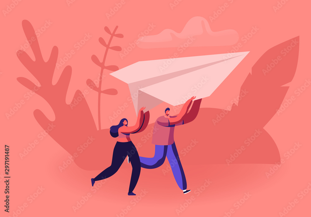 Happy Couple Running with Paper Airplane in Hands. Origami Hobby or Launching New Business Start Up Concept. Tiny Male and Female Character Fly Plane in Air Together. Cartoon Flat Vector Illustration Happy Couple Running with Paper Airplane in Hands. Origami Hobby or Launching New Business Start Up Concept. Tiny Male and Female Character Fly Plane in Air Together. Cartoon Flat Vector Illustration