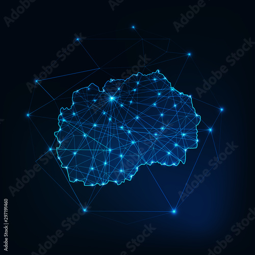 North Macedonia map glowing silhouette made of stars lines dots triangles, low polygonal shapes.