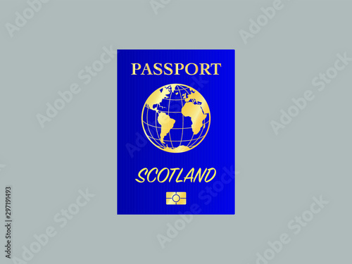 International Passport with biometric digital data chip, realistic blue cover, vector illustration for icon, logo, ads, brand with National flag of Scotland know as Alba, part of United Kingdom 