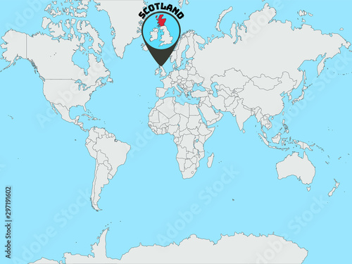 National flag of Scotland know as Alba, part of United Kingdom of Great Britain Global world map silhouette with geolocation and contour. original colors and proportion. All countries silhouette. 