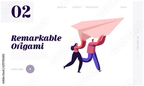 Origami Hobby or New Business Start Up Launching Website Landing Page. Happy Couple Running with Paper Airplane in Hands Fly Plane in Air Together Web Page Banner. Cartoon Flat Vector Illustration