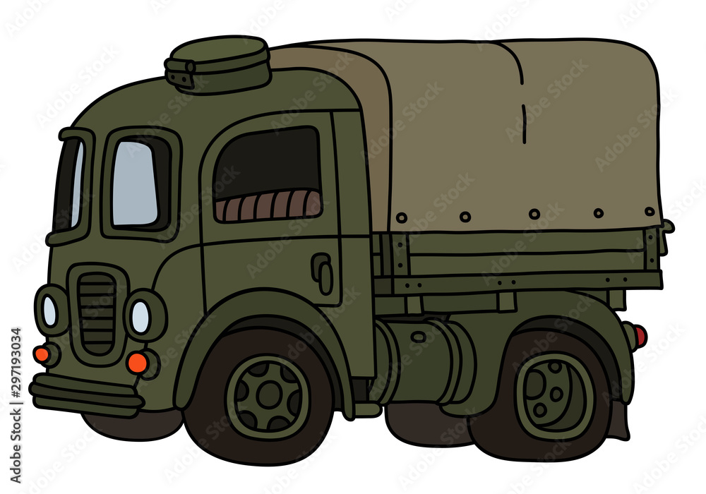 The vectorized hand drawing of a classic khaki military truck