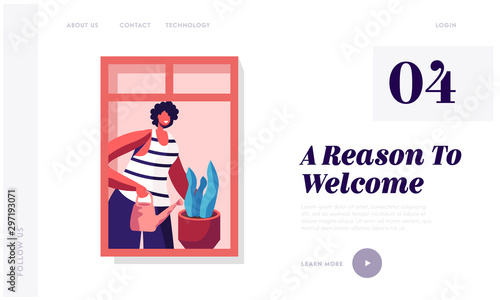 People Life Household Activities and Living Behaviour Website Landing Page. Facade of House Building with Young Happy Woman Watering Plants on Window Web Page Banner Cartoon Flat Vector Illustration