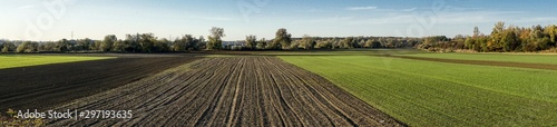 Photo panorama of autumn fields with green winter cereals and freshly plowed and harro