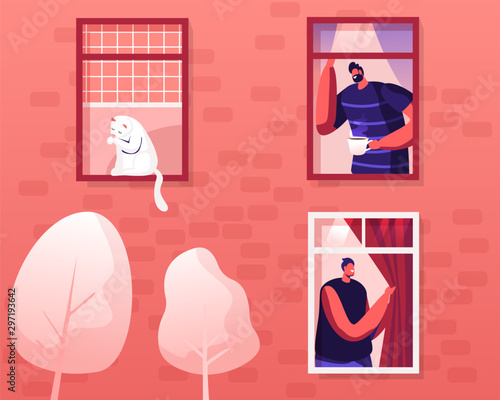 Happy Men Neighbors Peeking Out of Windows with Curtains Greeting Each Other Drinking Coffee at Morning, White Cat Sitting on Windowsill, Washing himself. Comfort Life Cartoon Flat Vector Illustration