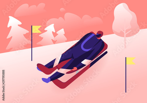 Luger in Sportswear and Helmet Lying on Sleigh Face Up Going Downhills with High Speed between Yellow Flags on Sticks Skeleton Sport Racing Tournament Sports Challenge Cartoon Flat Vector Illustration