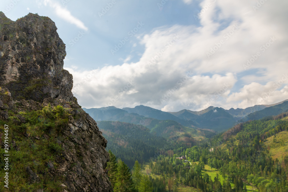 Mountain landscape with a stone cliff and forest. View from Nosal, Tatry, Poland