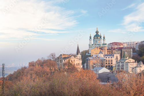 Beautiful view of St. Andrew's Church and St. Andrew's Descent in Kyiv, Ukraine