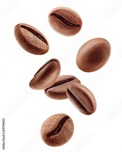 Fotografia Falling coffee beans isolated on white background, clipping path, full depth of