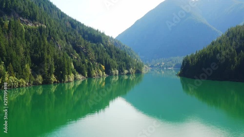 Aerial view of Diablo Lake, North Cascade mountains of Washington state, Northeast of USA, deep emerald lake, American hills mountains and lakes photo