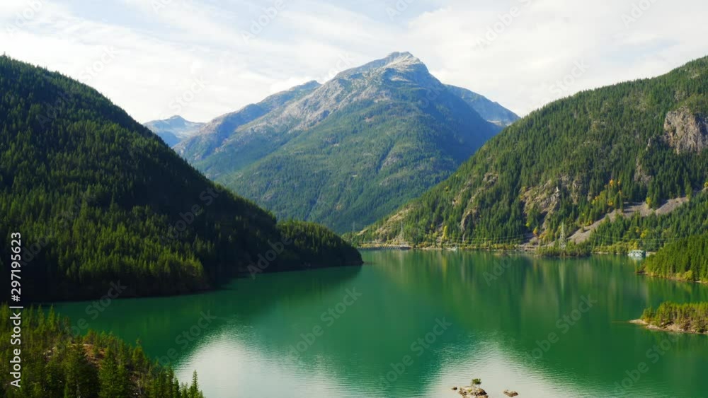 Aerial view of Diablo Lake, North Cascade mountains of Washington state, Northeast of USA, deep emerald lake, American hills mountains and lakes Aerial view of Diablo Lake, North Cascade mountains of Washington state, Northeast of USA, deep emerald lake, American hills mountains and lakes