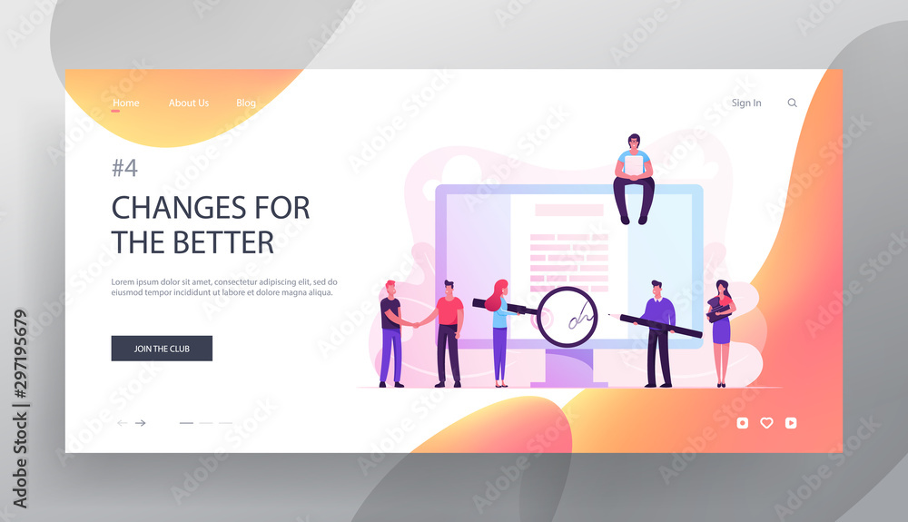 Business People Checking and Signing Contract Website Landing Page. Characters Make Deal Agreement, Shaking Hand at Huge Pc Screen for Signature Web Page Banner. Cartoon Flat Vector Illustration