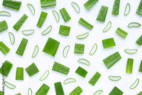 Aloe Vera cut pieces with slices on white background.