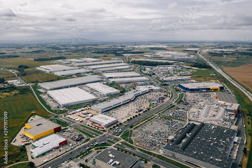 Aerial drone photography of the bielany shopping / logistic center in Wroclaw, Poland. 
