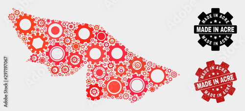 Mosaic technical Acre State map and textured seal. Vector geographic abstraction in red colors. Mosaic of Acre State map combined of random gearwheel elements. Red colored model for workshop,