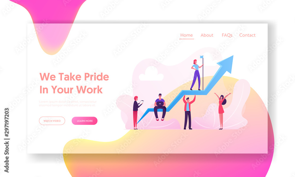 Leadership, Investment Growth Landing Page. Business Team Working around Huge Growing Arrow. Leader Stand on Top with Flag. Businesspeople Teamwork Web Page Banner. Cartoon Flat Vector Illustration