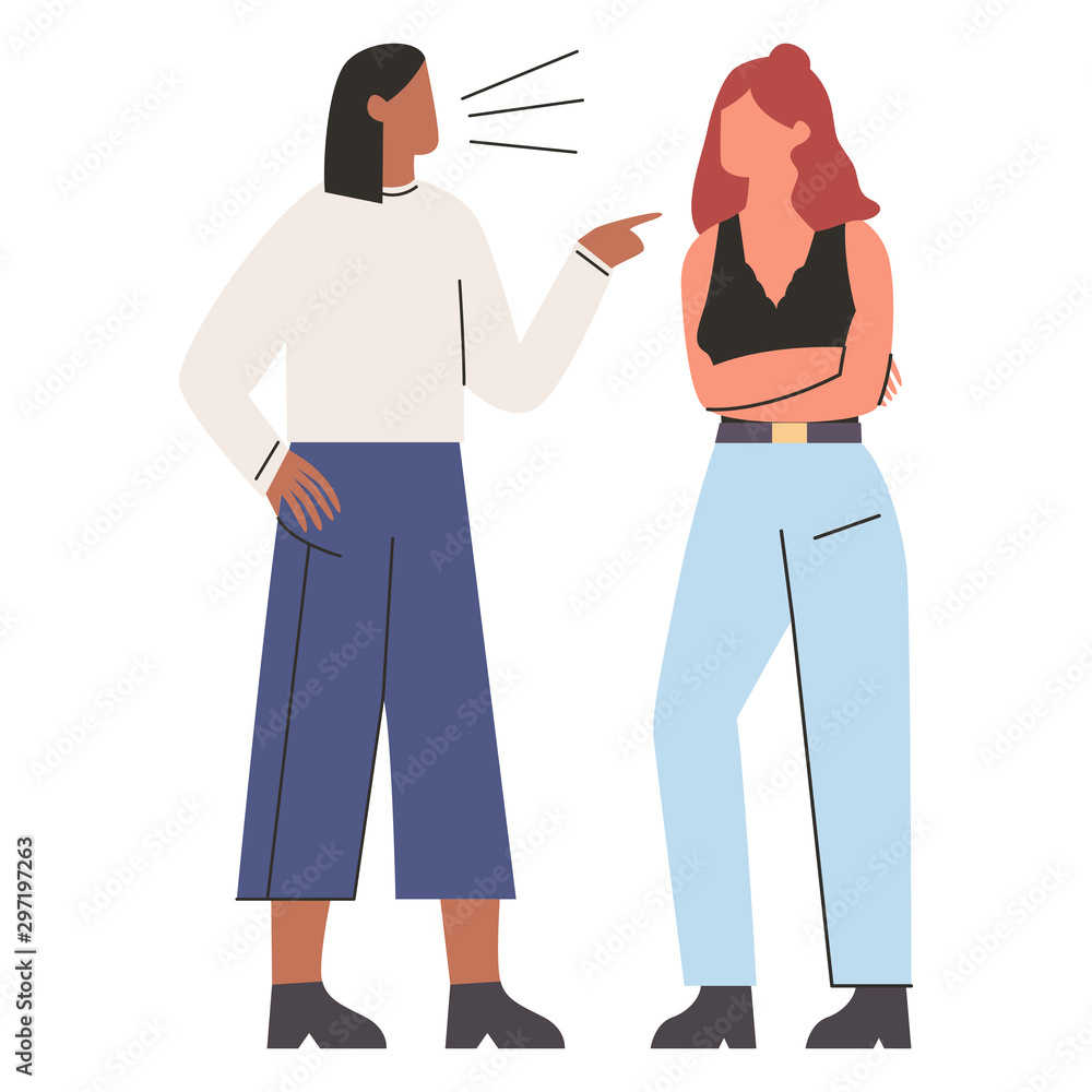 Unhappy women arguing. One woman pointing finger at another who crossed ...