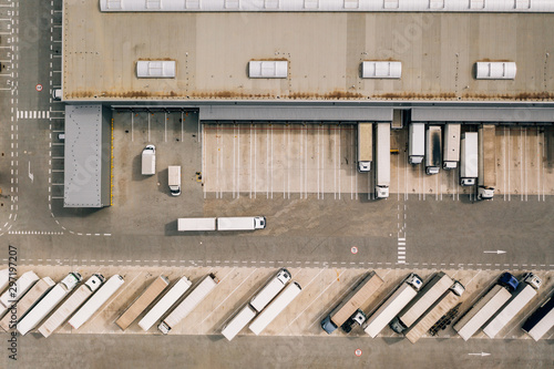 Aerial view of the distribution center, drone photography of the industrial logistic zone.