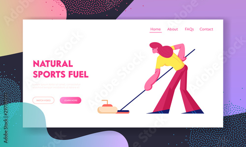 Curling Competition Website Landing Page. Sportswoman Using Equipment for Curling Holding Brush to Push Stone Gliding by Ice to Aim, Sport Lifestyle Web Page Banner. Cartoon Flat Vector Illustration