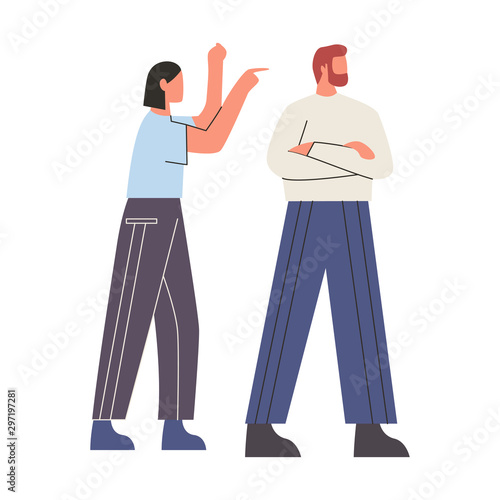 Unhappy couple arguing. Man crossed hands over chest and mad woman pointing finger at him. Concept of addicted partner, bad relationships, two angry people. Flat vector illustration