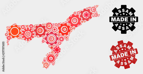 Mosaic technical Assam State map and scratched seal. Vector geographic abstraction in red colors. Mosaic of Assam State map combined of scattered cogwheel items. Red colored model for technical,