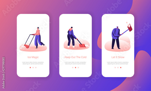 People Remove Snow from Street After Snowfall Mobile App Page Onboard Screen Set. Neighbors Cleaning Road with Shovels and Snowblower Concept for Website or Web Page, Cartoon Flat Vector Illustration
