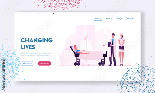 Medicine Health Care Website Landing Page. Doctor and Nurse Visiting Patient in Chamber. Medics Staff Practitioner Medical Detour Treatment in Hospital Web Page Banner Cartoon Flat Vector Illustration
