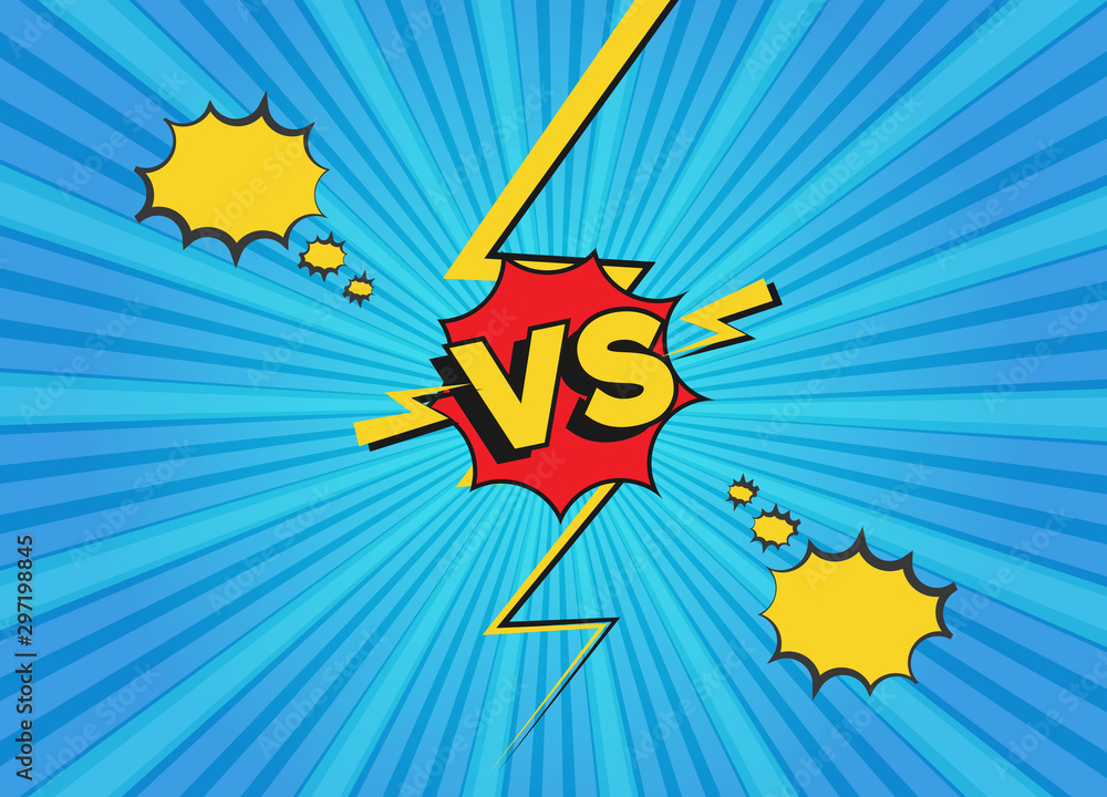 Fototapeta Versus fight backgrounds in flat comics style. Vs battle challenge isolated on blue background. Vector cartoon comics background. Comic fighting duel with lightning ray border.