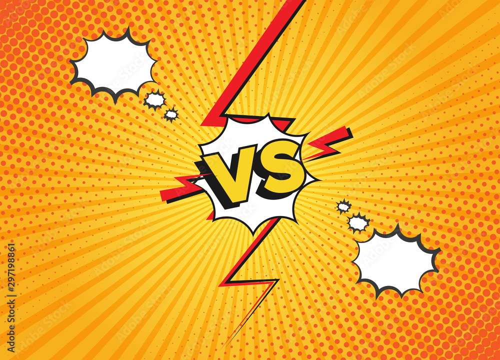 Fototapeta Versus fight backgrounds in flat comics style. Vs battle challenge isolated on yellow background. Vector cartoon comics background. Comic fighting duel with lightning ray border.