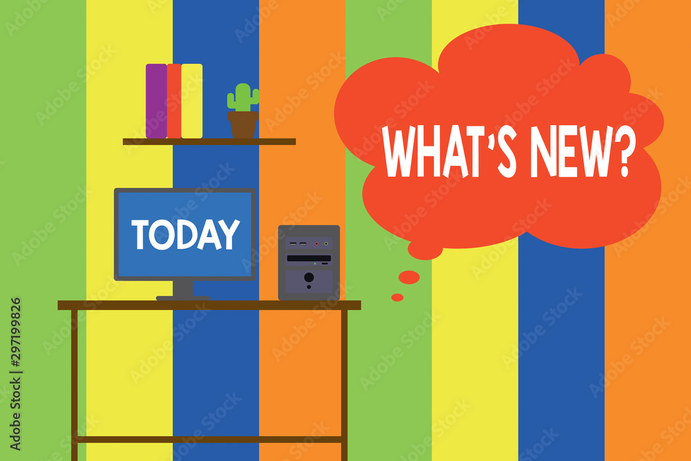 Text sign showing What S New Question. Business photo showcasing when you ask someone about his current live events actions Desktop computer wooden table background shelf books flower pot ornaments Text sign showing What S New Question. Business photo showcasing when you ask someone about his current live events actions Desktop computer wooden table background shelf books flower pot ornaments