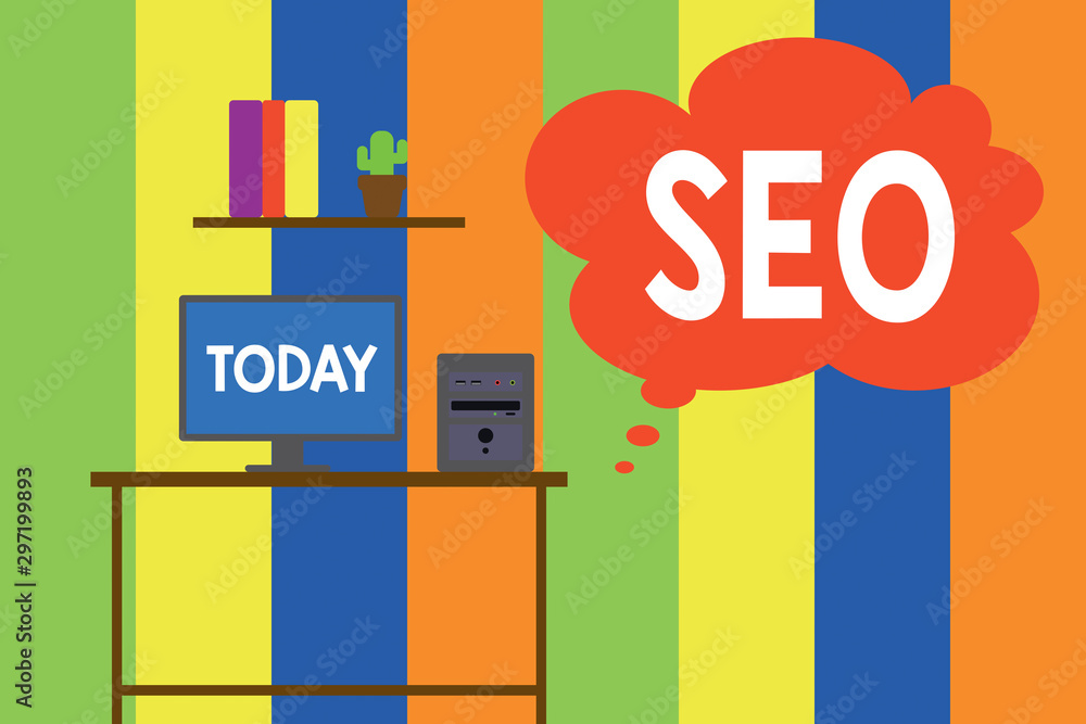 Text sign showing Seo. Business photo showcasing incredibly effective way to market your near business online Desktop computer wooden table background shelf books flower pot ornaments Text sign showing Seo. Business photo showcasing incredibly effective way to market your near business online Desktop computer wooden table background shelf books flower pot ornaments