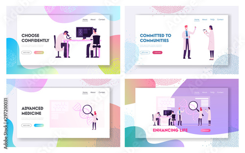 Genetics Laboratory Website Landing Page Set. Scientists Working with Dna Molecule Using Hi-tech Equipment for Scientific Research and Investigation Web Page Banner.Cartoon Flat Vector Illustration