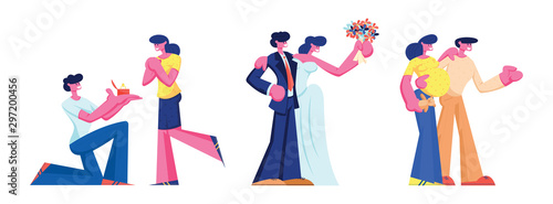 Happy Family Relation Development Set. Engagement Wedding Pregnancy Loving Couple Time Line from Dating to Marriage and Waiting Baby. Love Relationship Cartoon Flat Vector Illustration, Clip Art