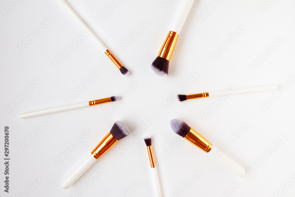 Flat lay top view of female cosmetics brushes set for makeup in the middle on white background. Cosmetics and beauty concept............................................... Flat lay top view of female cosmetics brushes set for makeup in the middle on white background. Cosmetics and beauty concept...............................................